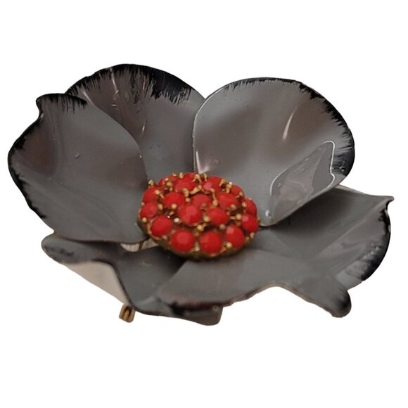 Vintage Scarlet Red Rhinestone And Gray Metal Flower Brooch Pin E650 - Picture 4 of 9